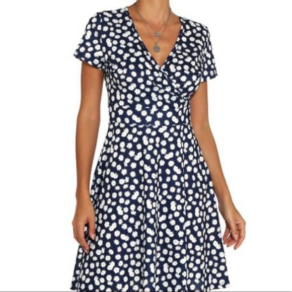 Sucrefas Navy Floral V-Neck A-Line Dress Size Medium - Picture 1 of 7